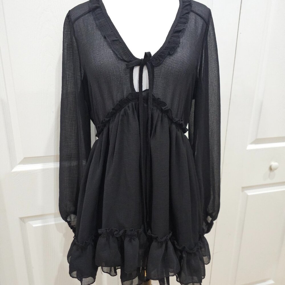 Dolls Kill Current Mood Sheer Black Goth Oversized Sunset Chaser Babydoll Dress